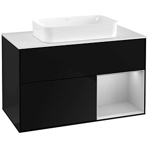 Villeroy und Boch Finion Waschtischunterschrank F251GJPH 100x60,3cm, Abdeckplatte white matt, Regal rechts Light grey matt, Glossy Black Lacquer