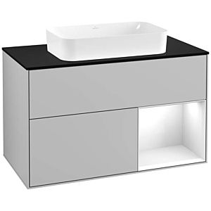 Villeroy und Boch Finion Waschtischunterschrank F252GFGJ 100x60,3cm, Abdeckplatte black matt, Regal rechts Glossy white lacquer, Light grey matt