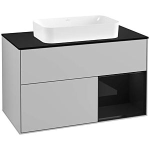 Villeroy und Boch Finion Waschtischunterschrank F252PHGJ 100x60,3cm, Abdeckplatte black matt, Regal rechts Glossy Black Lacquer, Light grey matt