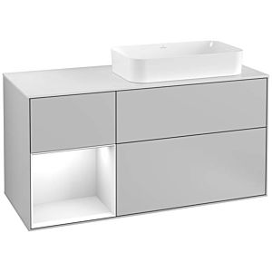 Villeroy und Boch Finion Waschtischunterschrank F271GFGJ 120cm, Abdeckplatte white matt, Regal links Glossy white lacquer, Light grey matt