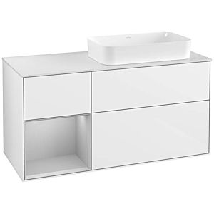 Villeroy und Boch Finion Waschtischunterschrank F271GJGF 120cm, Abdeckplatte white matt, Regal links Light grey matt, Glossy white lacquer