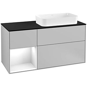 Villeroy und Boch Finion Waschtischunterschrank F272GFGJ 120cm, Abdeckplatte black matt, Regal links Glossy white lacquer, Light grey matt