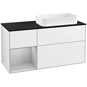 Villeroy und Boch Finion Waschtischunterschrank F272GJGF 120cm, Abdeckplatte black matt, Regal links Light grey matt, Glossy white lacquer