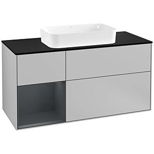 Villeroy und Boch Finion Waschtischunterschrank F292HGGJ 120cm, Abdeckplatte black matt, Regal links Midnight Blue Matt Lacquer, Light grey matt