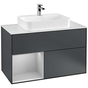 Villeroy und Boch Finion Waschtischunterschrank F361GJHG 100cm, Abdeckplatte white matt, Regal links Light grey matt, Midnight Blue Matt Lacquer