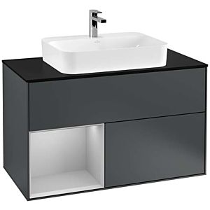 Villeroy und Boch Finion Waschtischunterschrank F362GJHG 100cm, Abdeckplatte black matt, Regal links Light grey matt, Midnight Blue Matt Lacquer