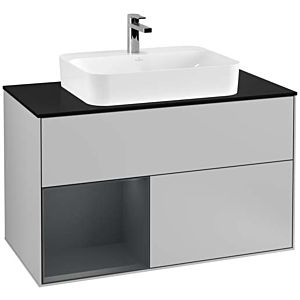 Villeroy und Boch Finion Waschtischunterschrank F362HGGJ 100cm, Abdeckplatte black matt, Regal links Midnight Blue Matt Lacquer, Light grey matt