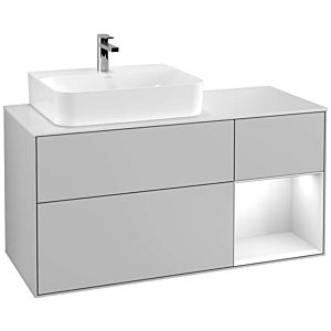 Villeroy und Boch Finion Waschtischunterschrank G151GFGJ 120cm, Abdeckplatte white matt, Emotion, Regal links Glossy white lacquer, Light grey matt