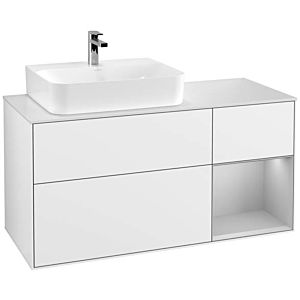 Villeroy und Boch Finion Waschtischunterschrank G151GJGF 120cm, Abdeckplatte white matt, Emotion, Regal links Light grey matt, Glossy white lacquer