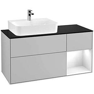 Villeroy und Boch Finion Waschtischunterschrank G152GFGJ 120cm, Abdeckplatte black matt, Emotion, Regal links Glossy white lacquer, Light grey matt