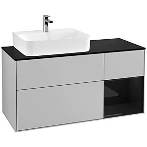 Villeroy und Boch Finion Waschtischunterschrank G152PHGJ 120cm, Abdeckplatte black matt, Emotion, Regal links Glossy Black Lacquer, Light grey matt