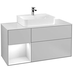 Villeroy und Boch Finion Waschtischunterschrank G161GFGJ 120cm, Abdeckplatte white matt, Emotion, Regal links Glossy white lacquer, Light grey matt