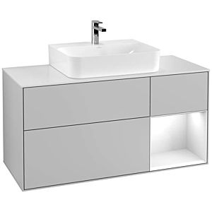 Villeroy und Boch Finion Waschtischunterschrank G171GFGJ 120cm, Abdeckplatte white matt, Emotion, Regal rechts Glossy white lacquer, Light grey matt