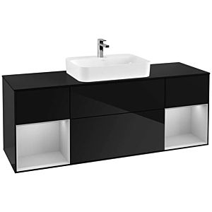 Villeroy und Boch Finion Waschtischunterschrank G452GJPH 160cm, Abdeckplatte black matt, Emotion, Regale Light grey matt lacquer, Glossy Black Lacquer